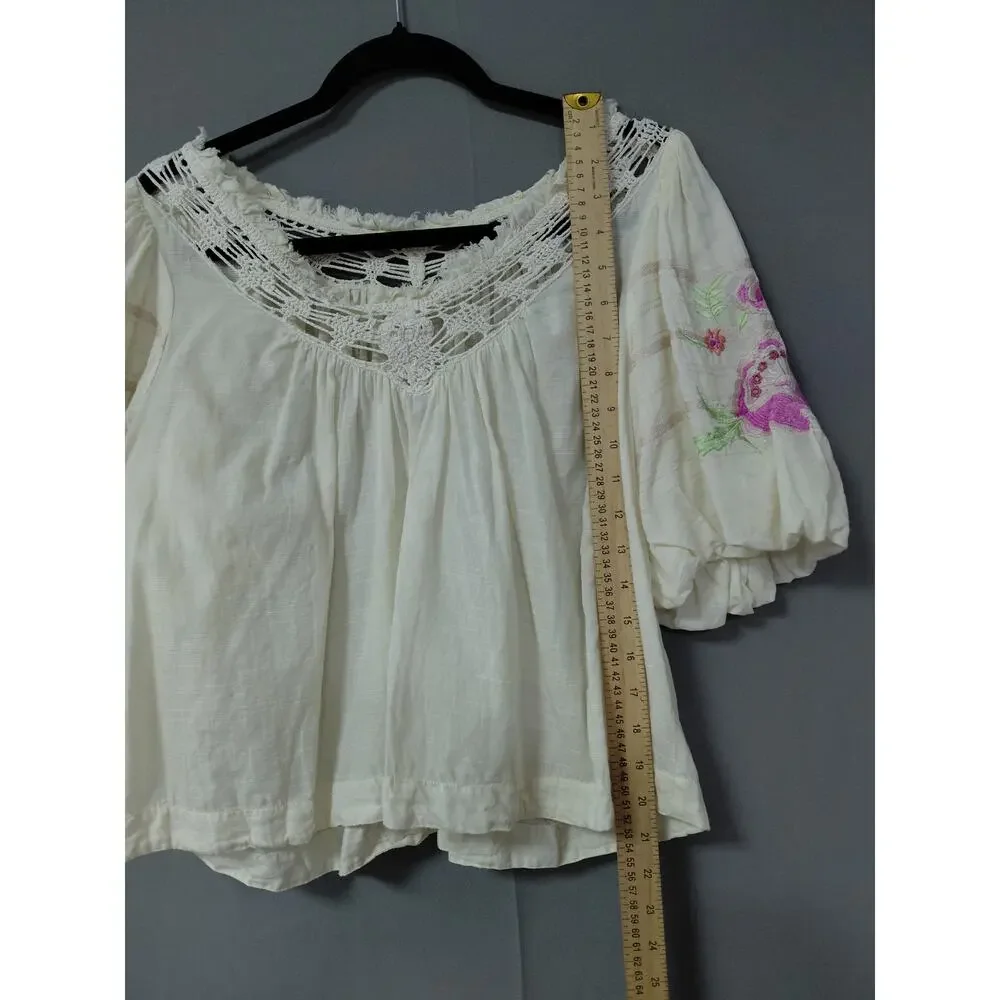 Free People White Peasant Embroidered Crochet 3/4 Puff Sleeve Women Size XS